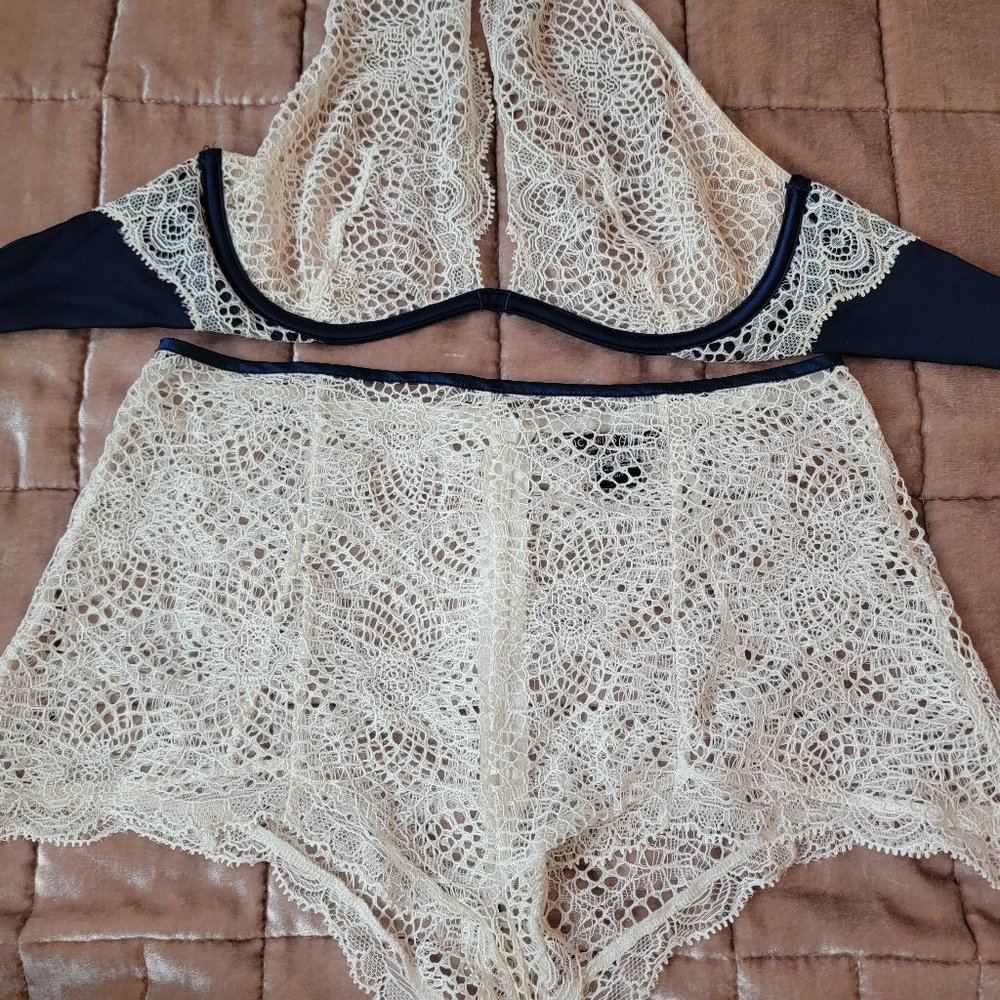 Victoria's Secret Cream and Blue Lace Bra and Panty Set